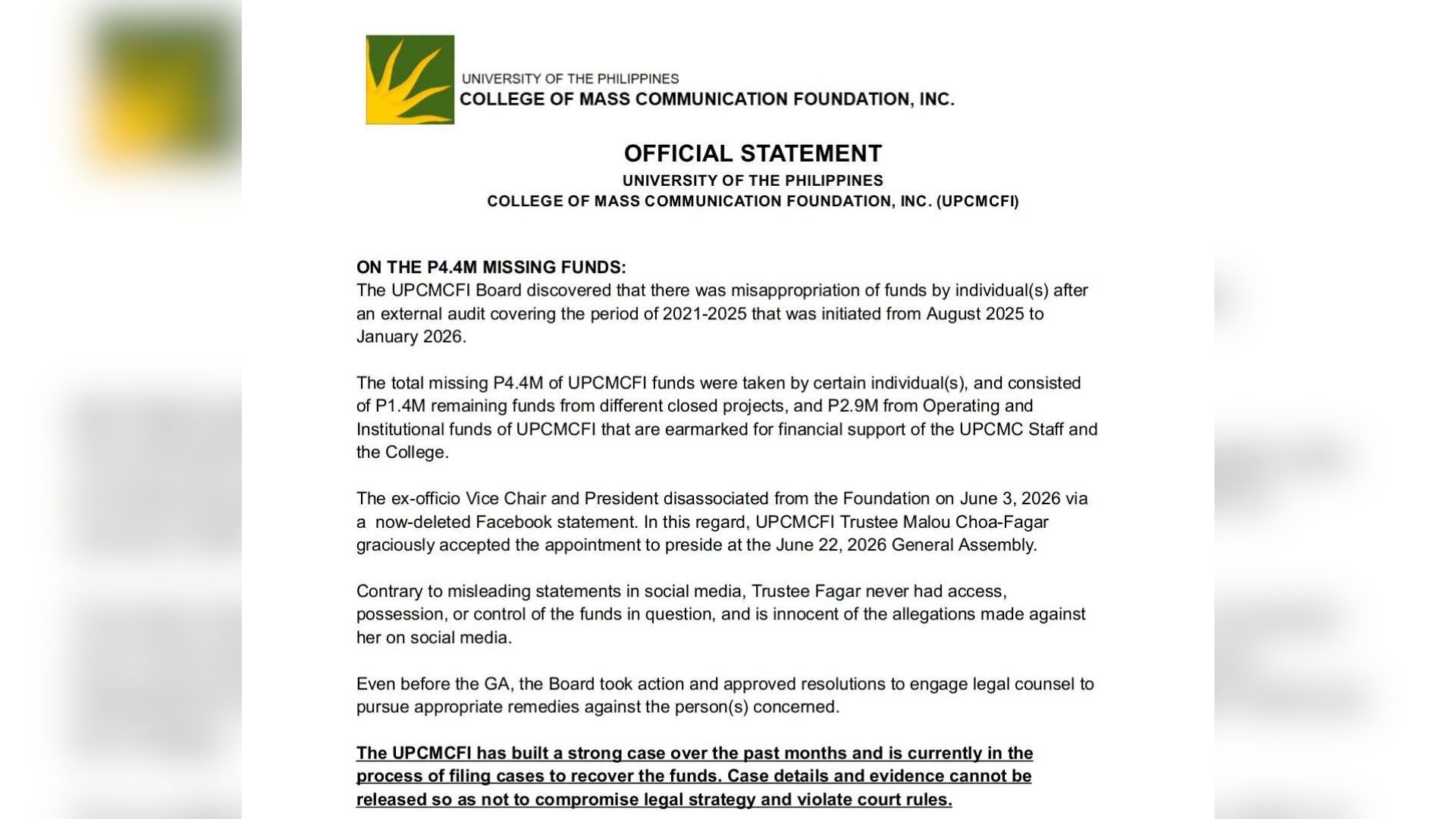 Stolen Or Misappropriated? UP CMC Foundation Admits PHP4.4 Million Missing